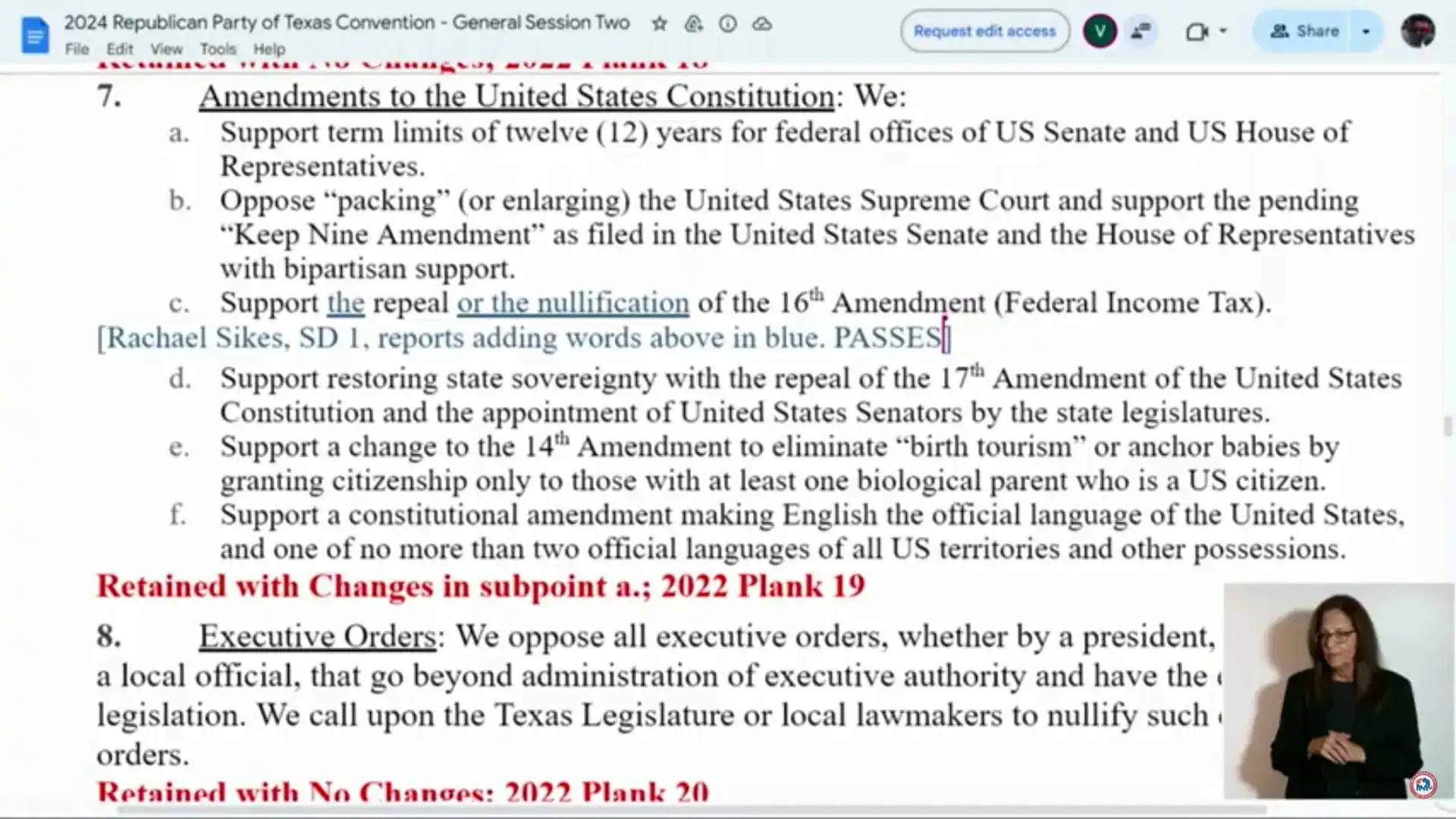 Screenshot of the 2024 Republican Party of Texas platform section on constitutional amendments, with a sign language interpreter inset.