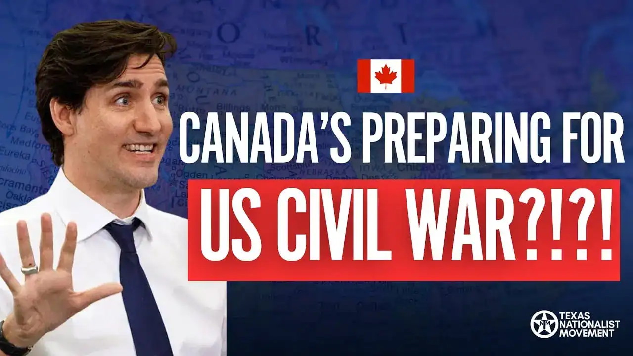 A smiling man in a white shirt raises his hand beside text reading 'Canada's Preparing for US Civil War?!?!'