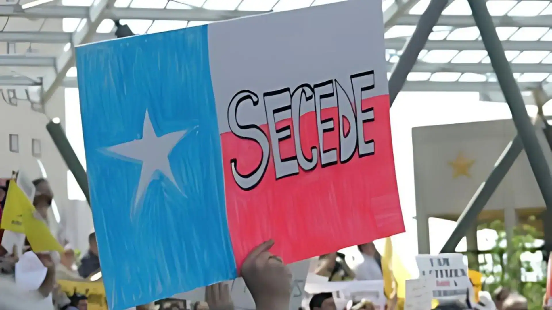 Hand-drawn Texas flag protest sign with a one-word slogan, held above a crowd at an outdoor rally.