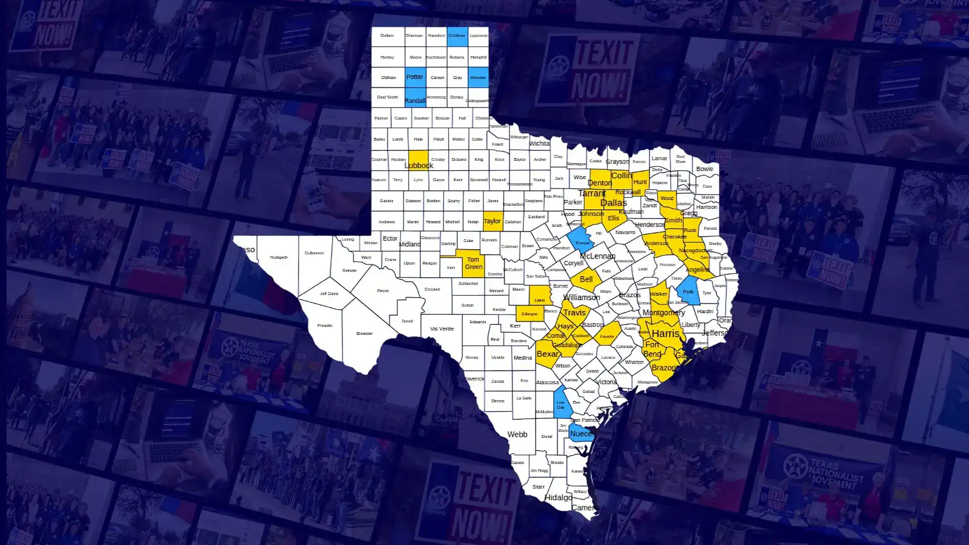 A Texas county map with counties highlighted in yellow and blue over a collage of TEXIT event photos.