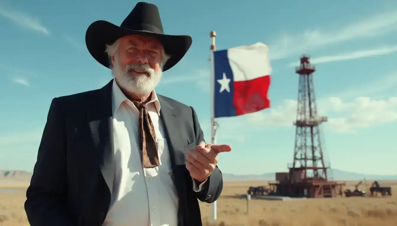 A white bearded man in a black cowboy hat points ahead, with a Texas flag and oil derrick behind.
