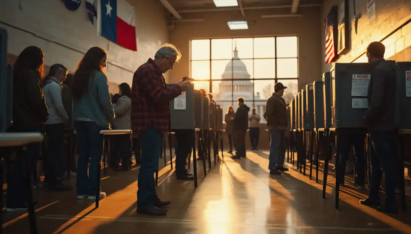 Voters stand at rows of polling booths in a long hall, with a capitol dome visible through the windows.