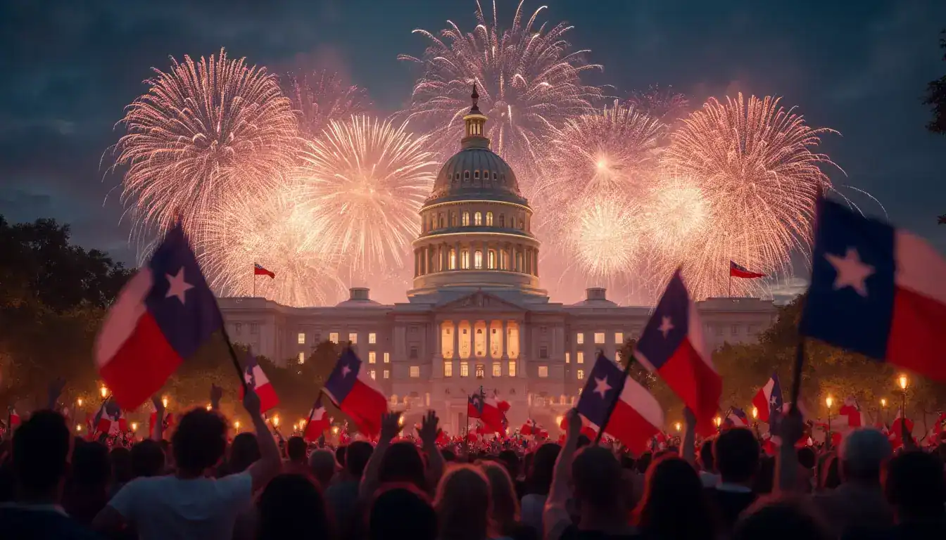 Crowd waving Texas flags in front of the Texas Capitol at night as fireworks burst overhead.