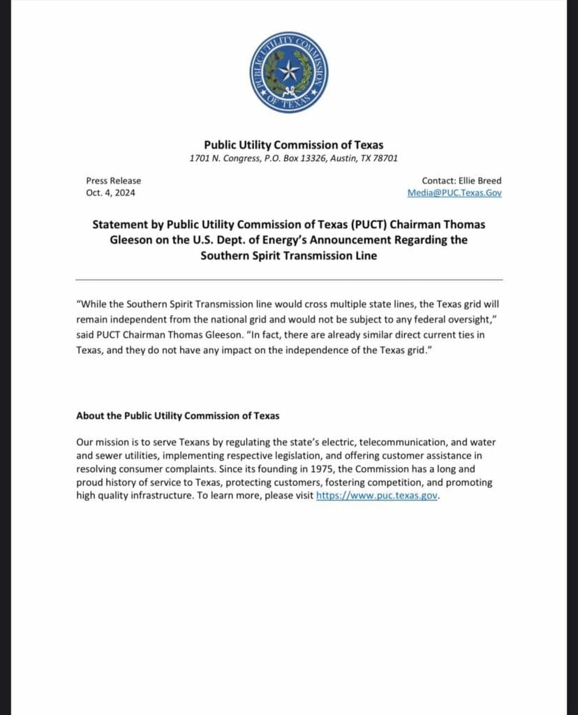 Public Utility Commission of Texas press release with a statement on the Southern Spirit Transmission Line.