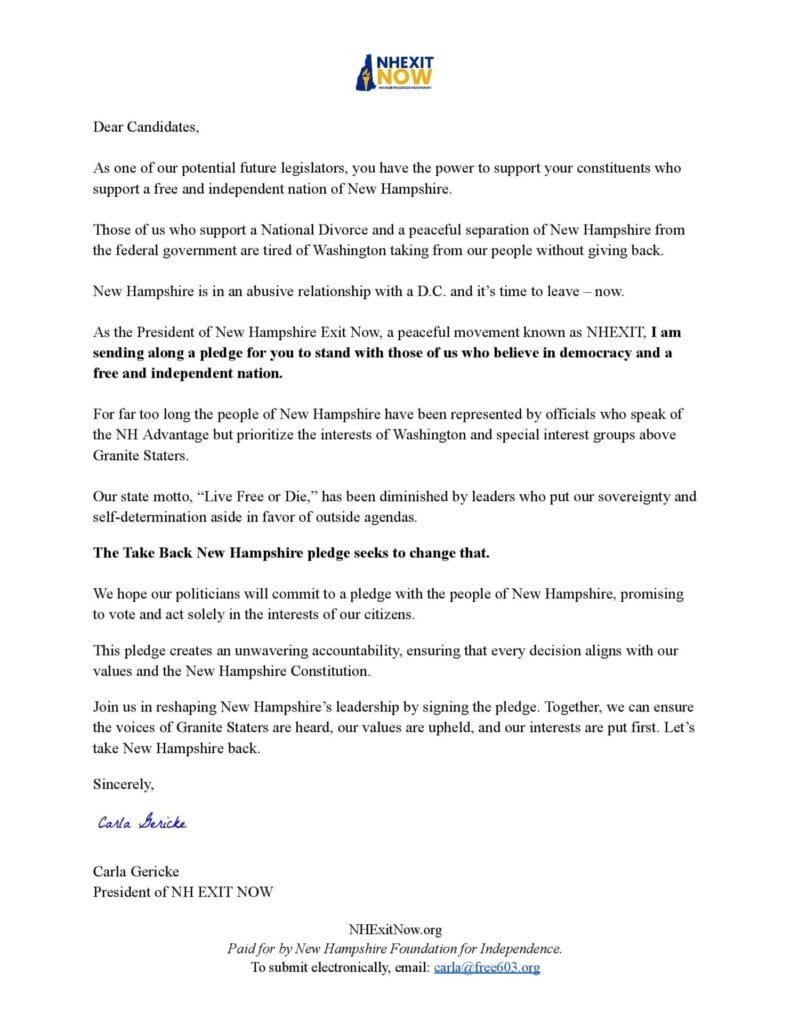 NHEXIT NOW letter to candidates introducing the Take Back New Hampshire pledge, signed by president Carla Gericke.