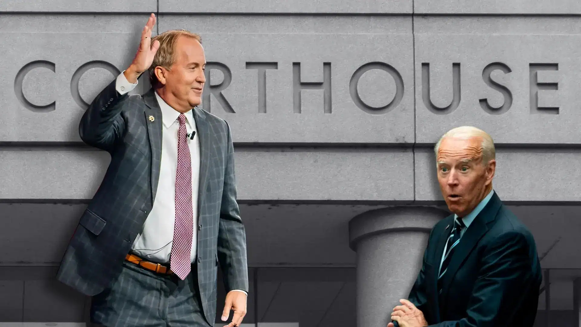 Ken Paxton waves in front of a courthouse wall while an older man in a dark suit looks on, surprised.