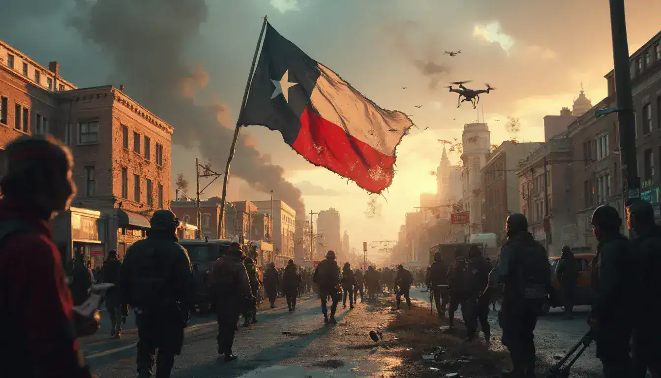 A Texas flag flying over a smoky city street as crowds of armed figures walk below and drones fly overhead.