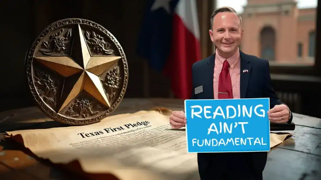Smiling man in a suit holds a sign reading 'Reading Ain't Fundamental' beside a document titled 'Texas First Pledge.'