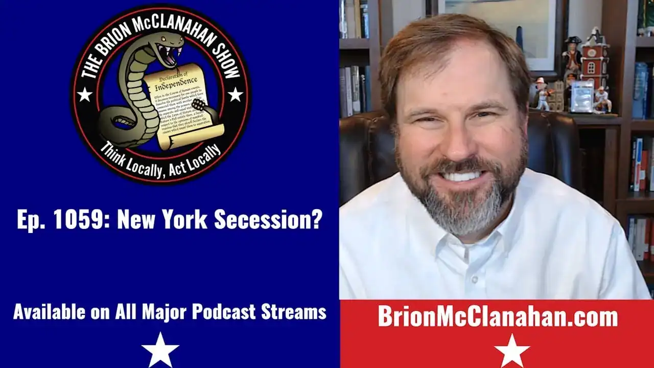 Brion McClanahan smiling beside his show logo and a title card for episode 1059 about New York.