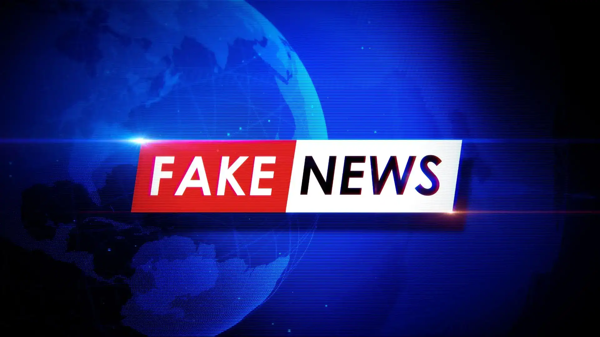 A red and white Fake News banner across a glowing blue globe, styled like a TV news graphic.