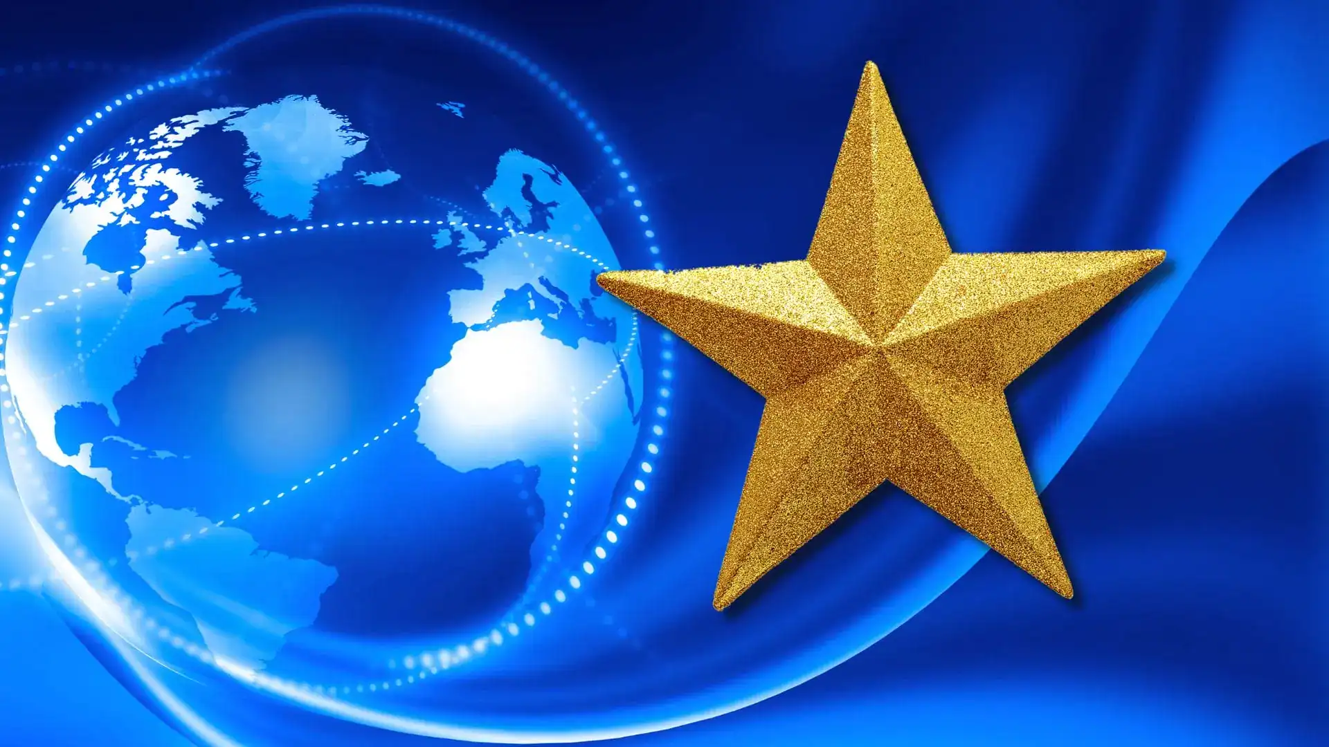 A gold star beside a glowing blue globe crossed with dotted connecting lines.