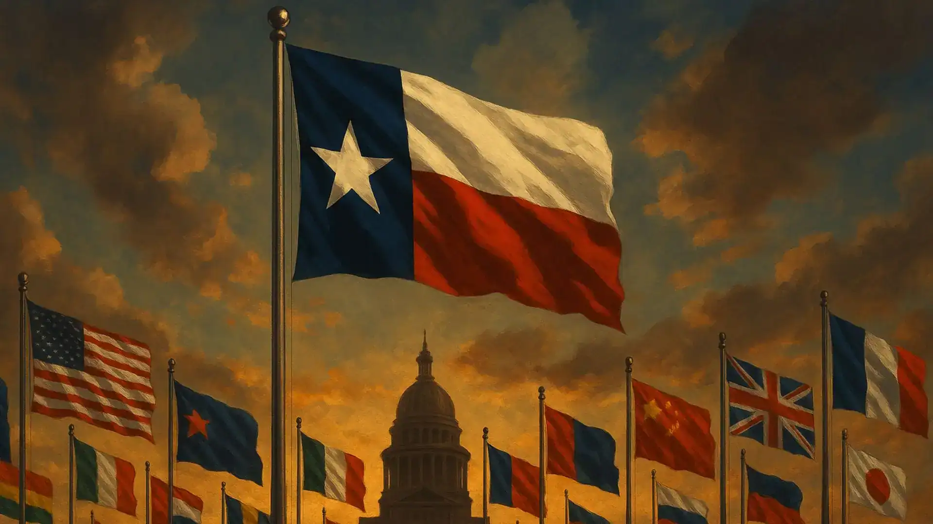 The Texas flag flying above a capitol dome, surrounded by flags of the United States and other countries.