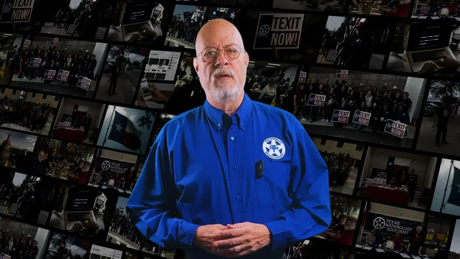 Will Kacy in a blue TNM shirt standing in front of a wall of rally photos with 'TEXIT Now!' signs.