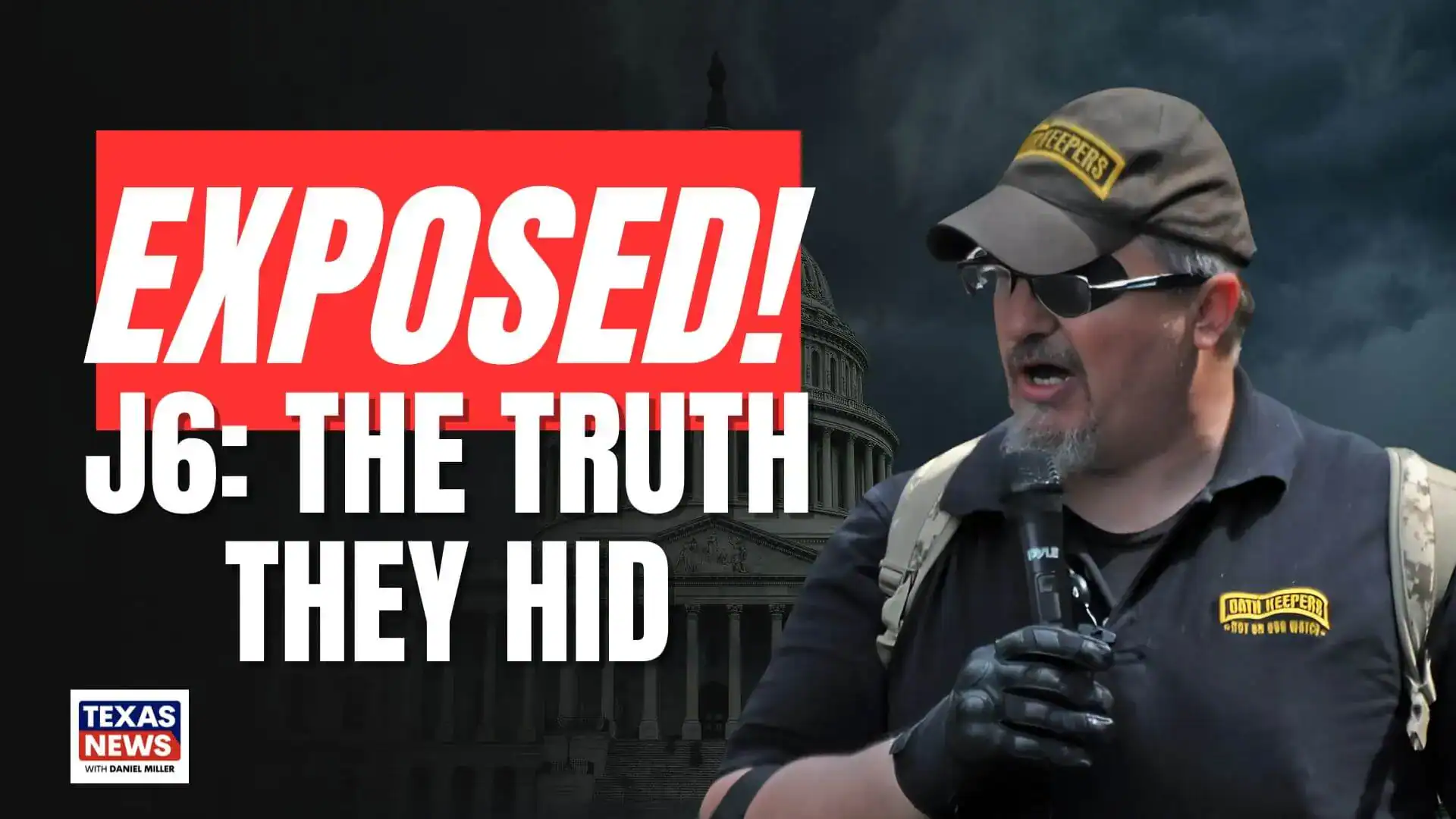 Stewart Rhodes in an Oath Keepers cap speaking into a microphone beside text reading 'Exposed! J6: The Truth They Hid.'