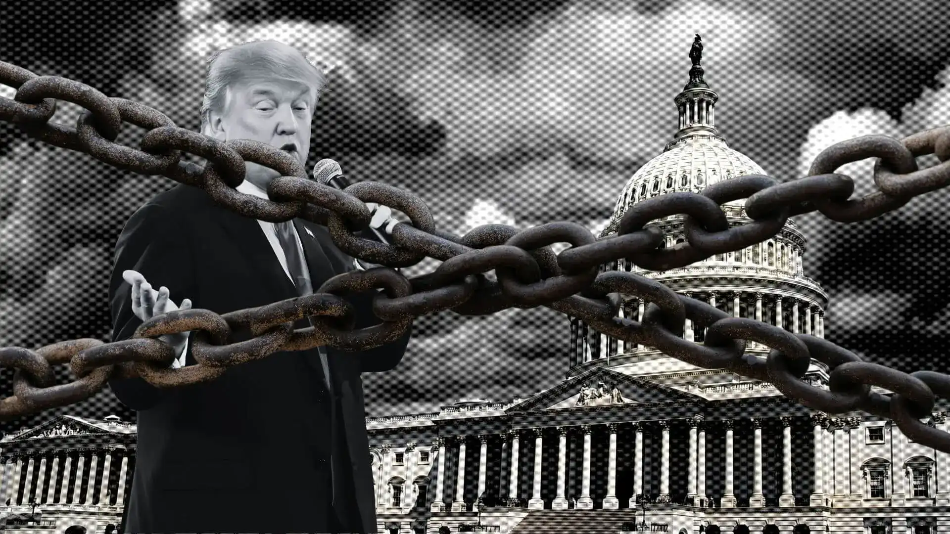 Black and white collage of Donald Trump speaking, with heavy chains stretched across the U.S. Capitol behind him.