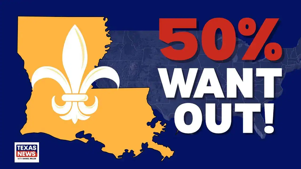Map of Louisiana marked with a fleur de lis beside large text reading '50% Want Out!'