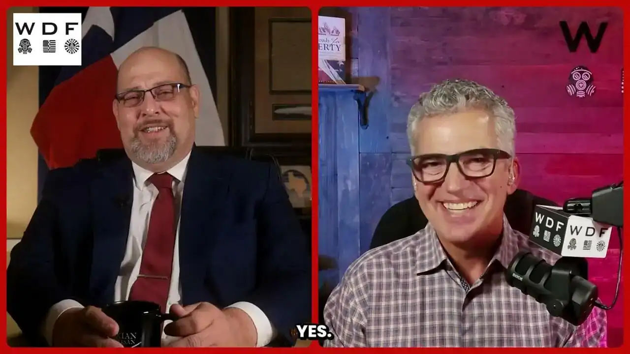 Daniel Miller in a split-screen interview with a smiling gray-haired host on the WDF podcast.