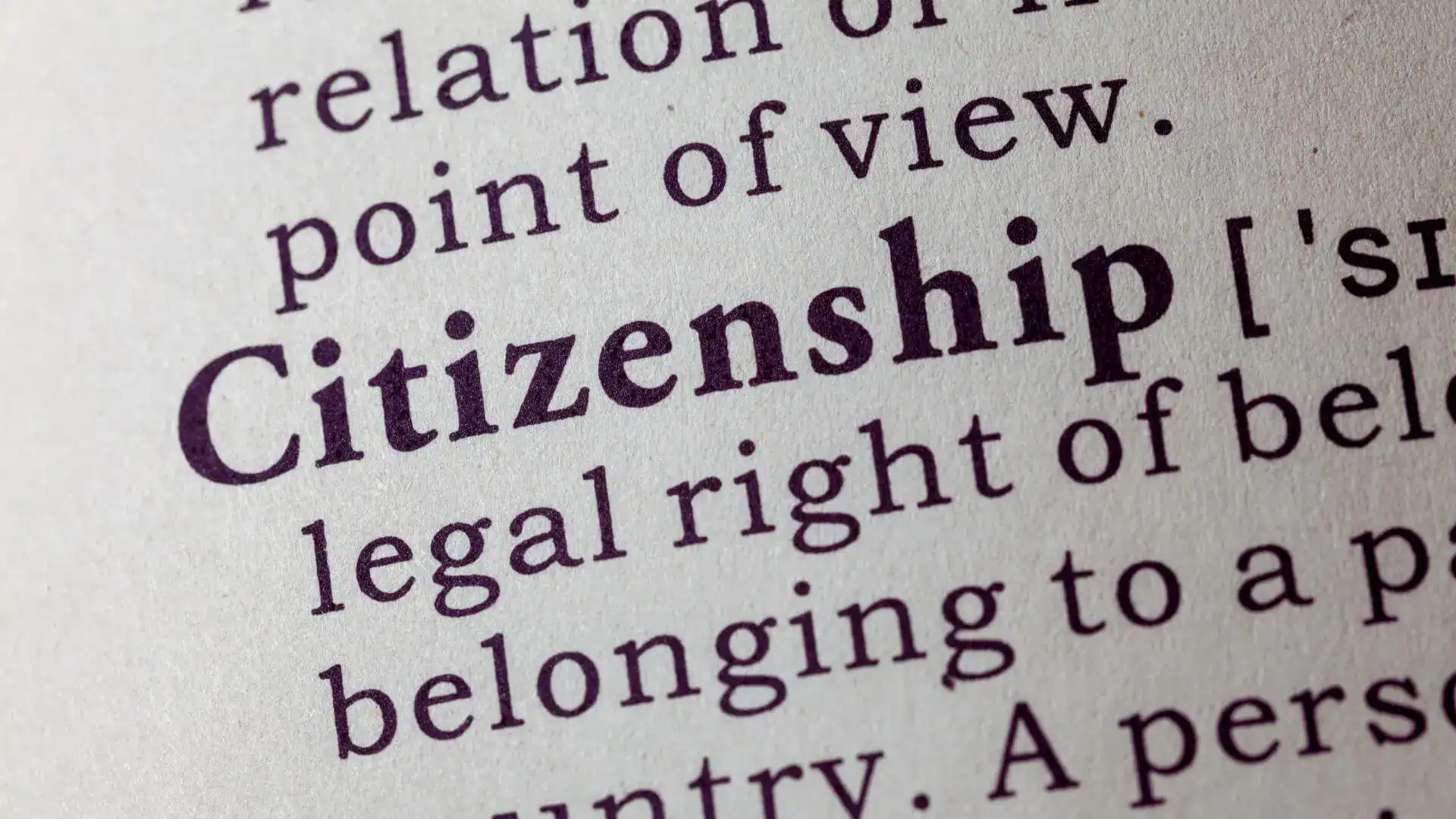 Close view of a printed dictionary entry for the word 'Citizenship' and its definition.