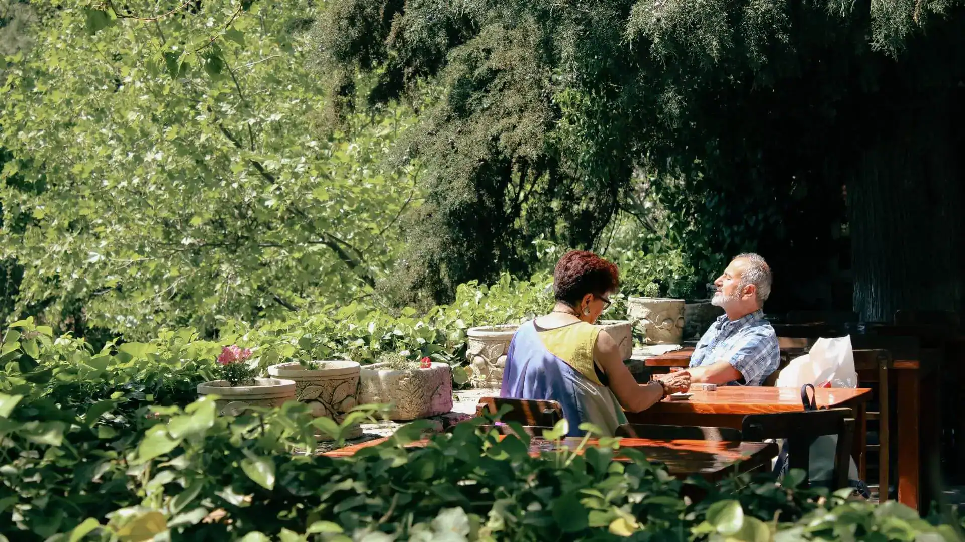 An older couple sitting at an outdoor table surrounded by lush trees and greenery.