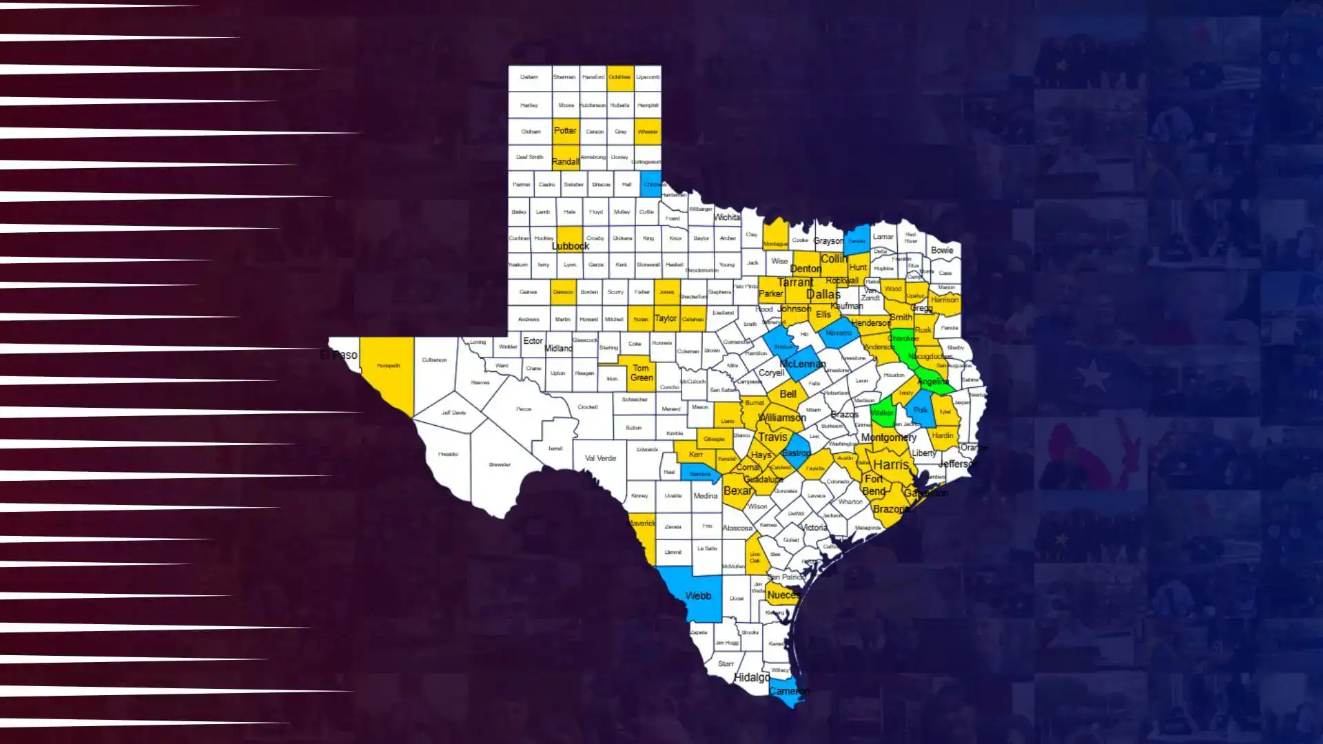 A map of Texas counties, some shaded in color, set against a dark red and blue background.