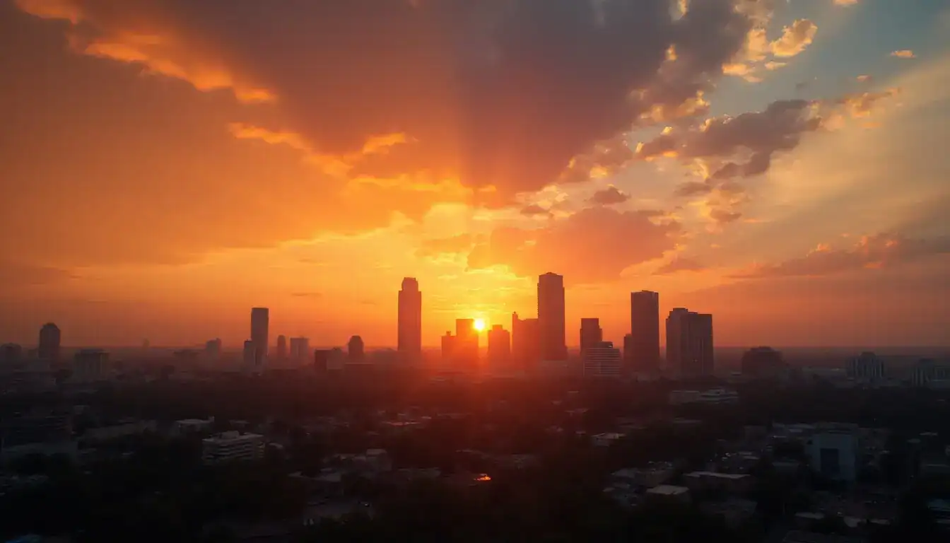 A city skyline in silhouette against a blazing orange sunset with scattered clouds.