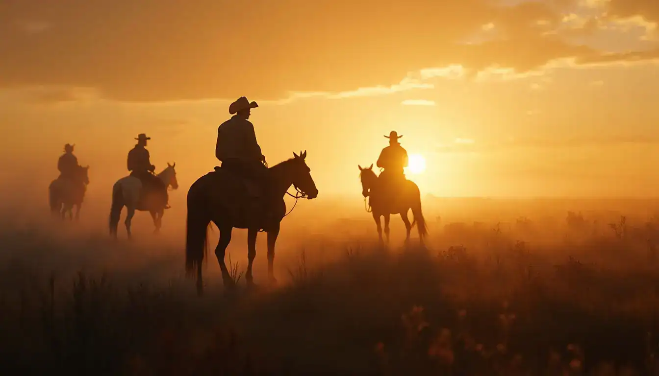 Silhouettes of riders in cowboy hats on horseback crossing a misty prairie at sunrise.