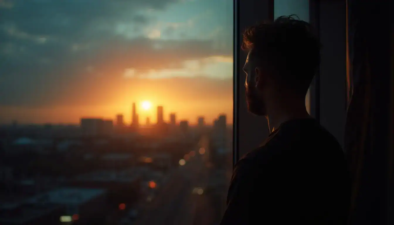 A young man in silhouette at a window, looking out at a city skyline at sunset.