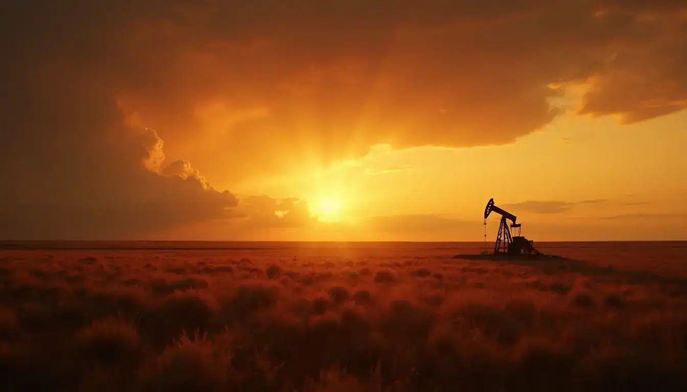 A lone oil pumpjack on open prairie under an orange sunset sky and heavy clouds.
