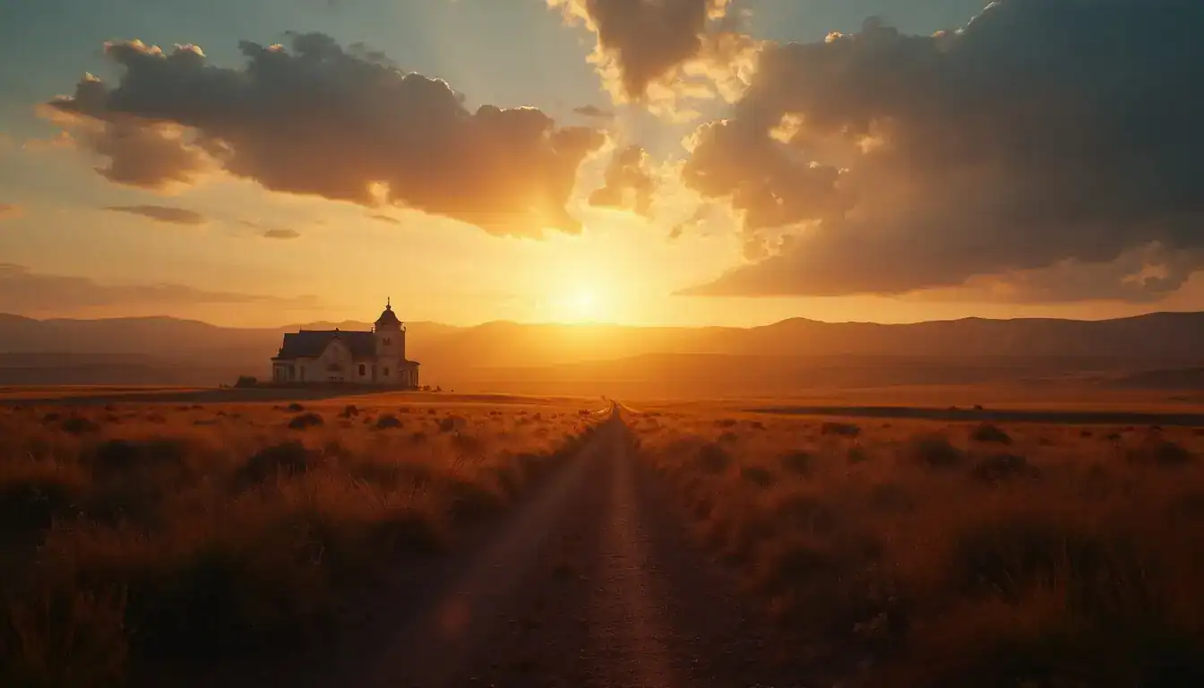 A dirt road leading across open grassland toward a small white church at sunset.