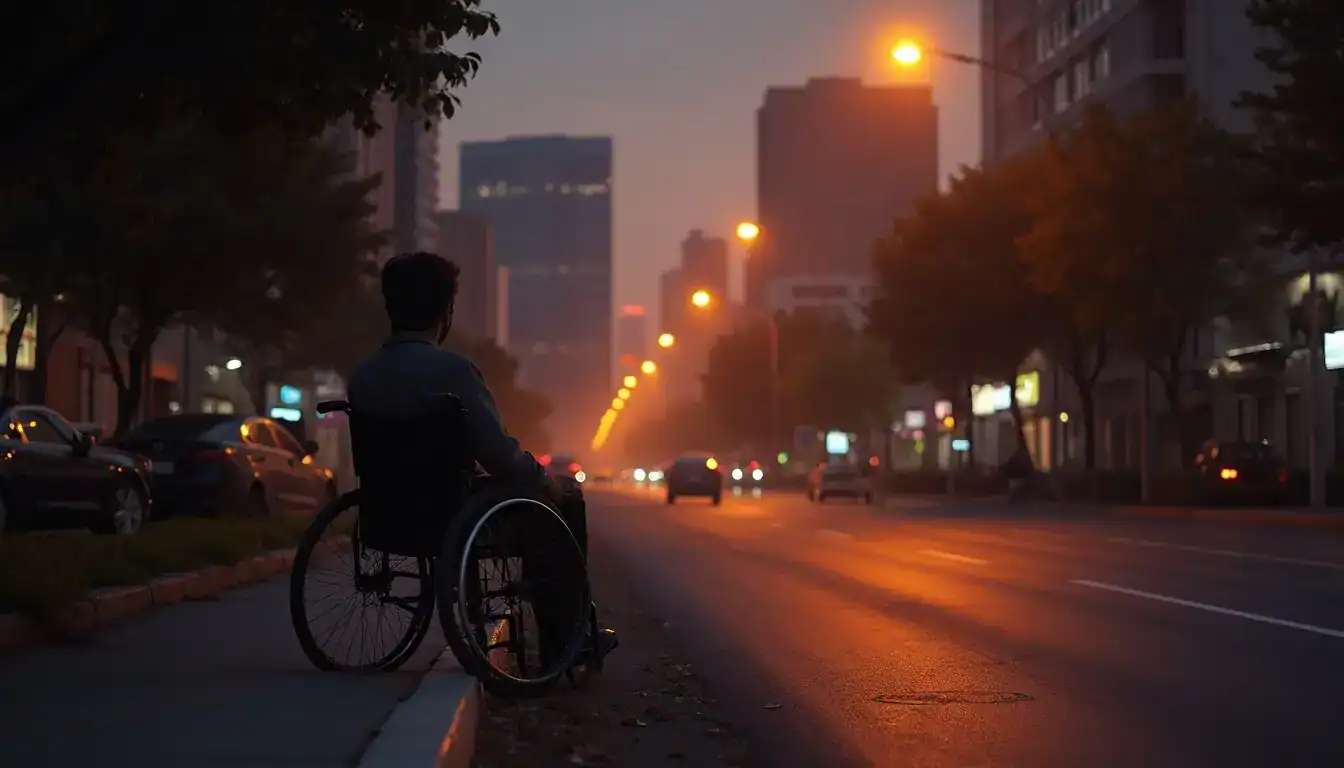 A person in a wheelchair on a city sidewalk at dusk, facing a street lit by orange streetlights.