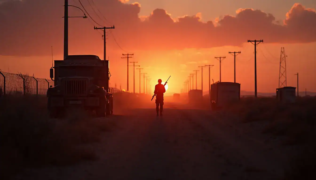A soldier with a rifle silhouetted on a dirt road beside a military truck and power lines at sunset.