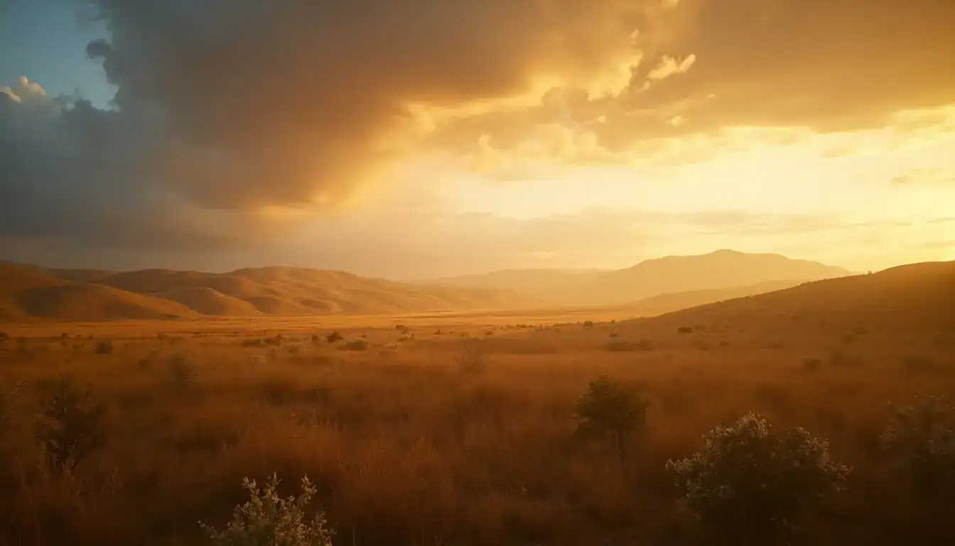 Rolling Texas grassland and distant hills under golden sunset light and scattered clouds.