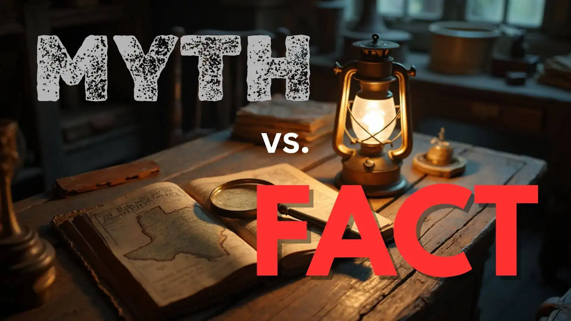 The words Myth vs. Fact over a lantern-lit desk with an open book showing a map of Texas.