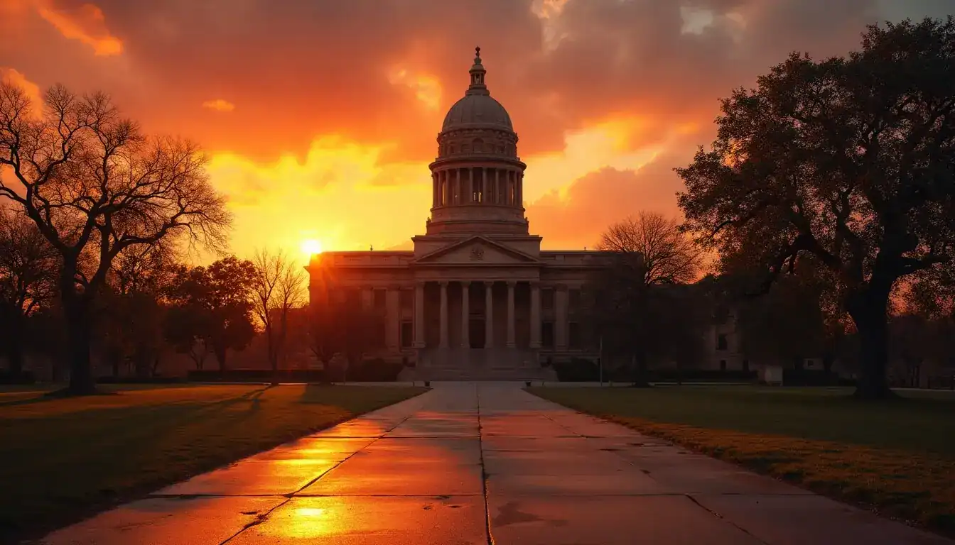A domed capitol building at the end of a wide walkway, framed by trees under a red sunset sky.