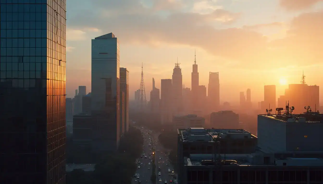 A hazy city skyline at sunrise, with glass towers and rooftop antennas above a busy street.