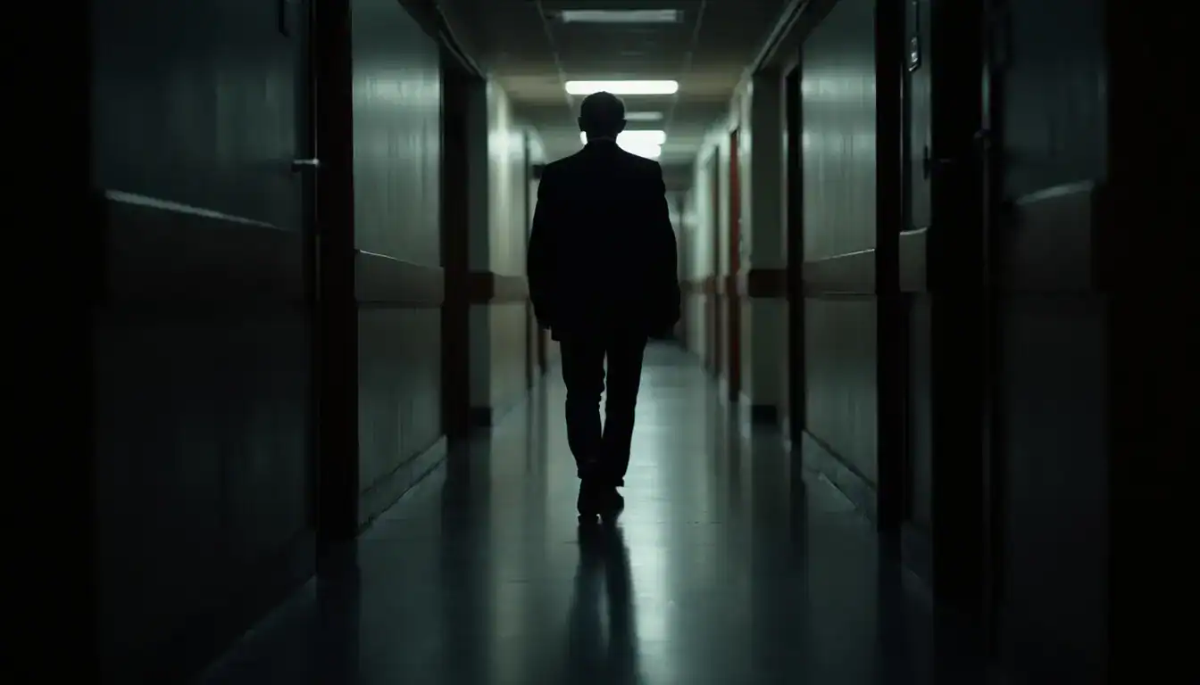 A man in a suit walking away down a dim institutional hallway lit by ceiling lights.