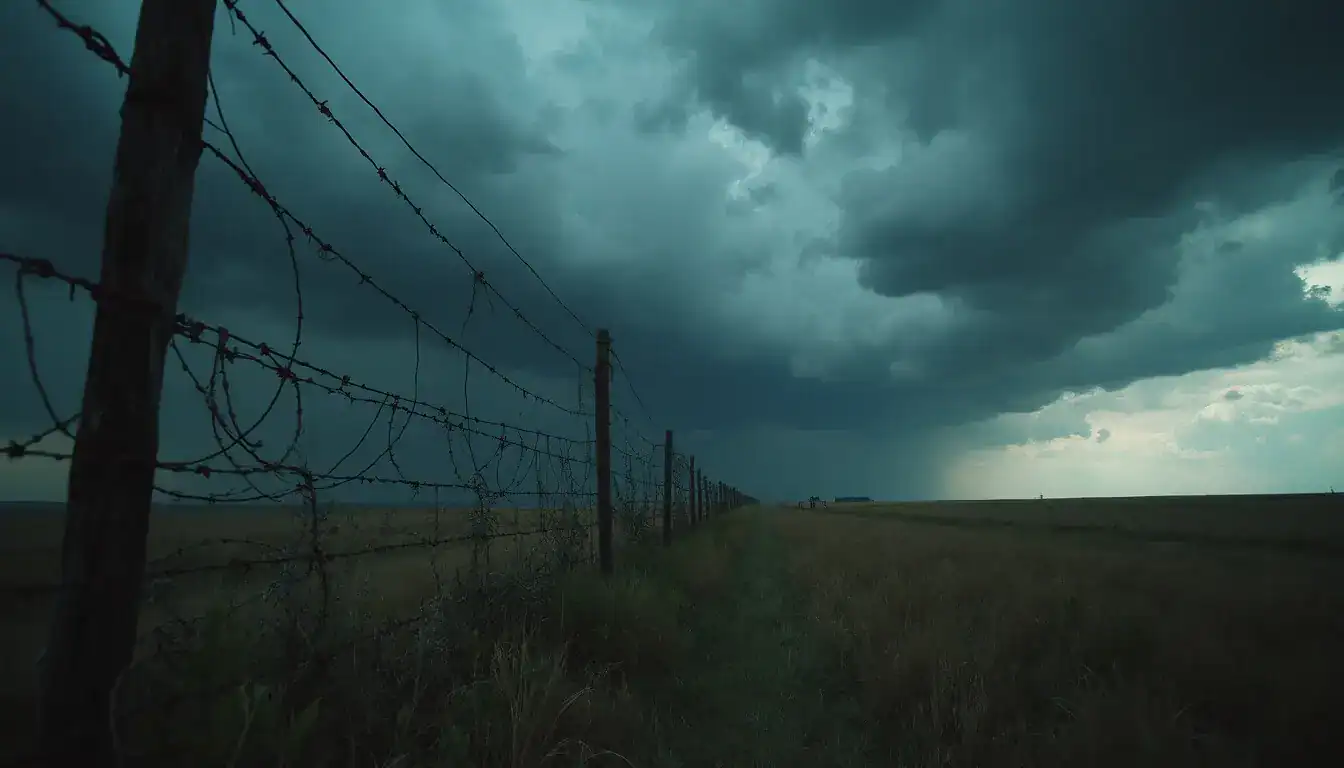 A barbed wire fence stretching across open grassland under dark storm clouds.