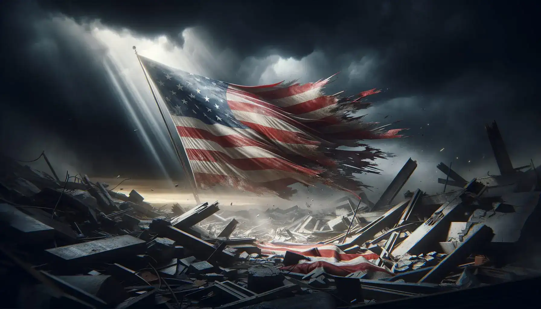 Tattered American flag waving over ruins and scattered debris under dark storm clouds.