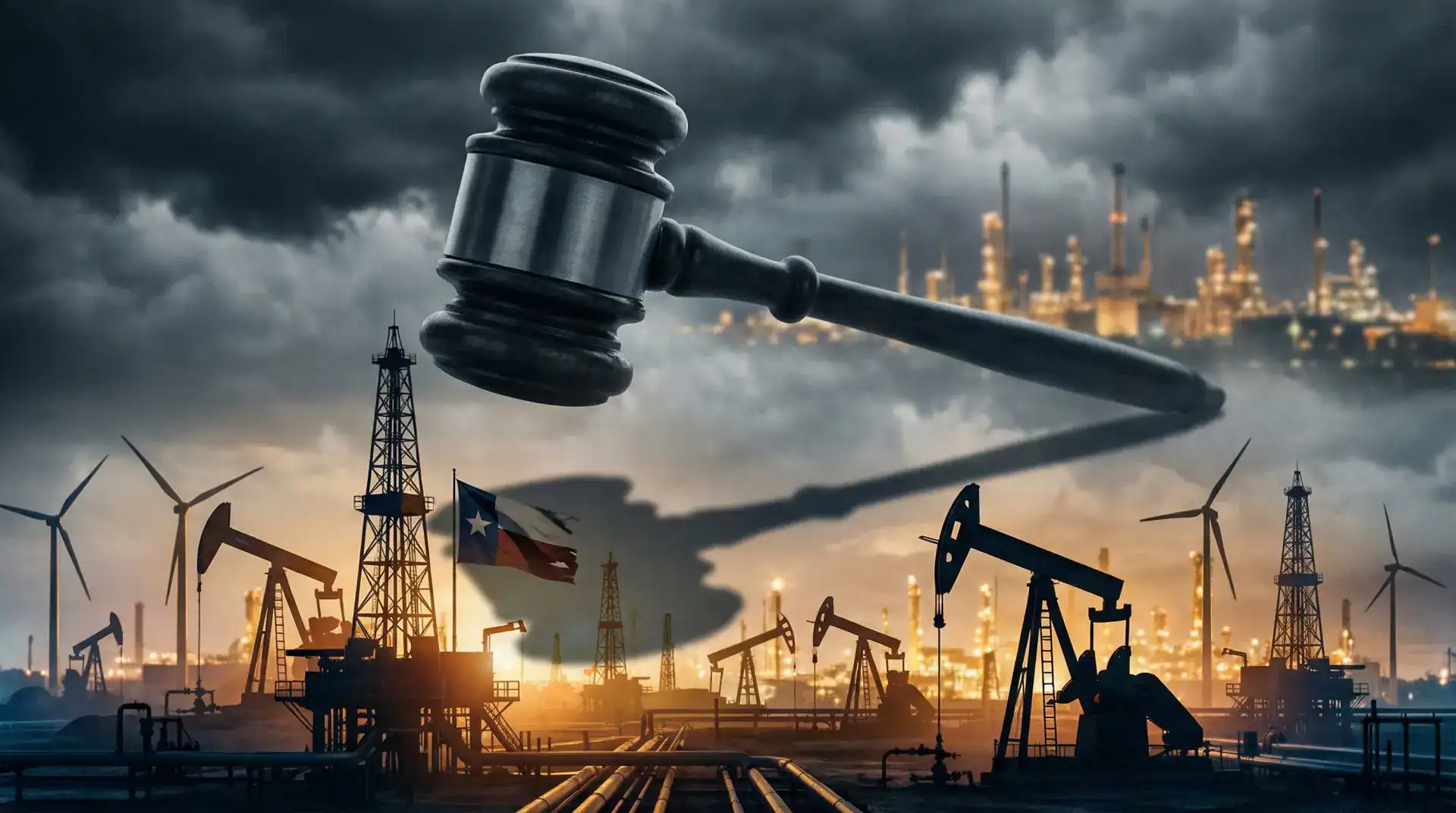 Illustration of a giant gavel hanging over oil derricks, pumpjacks, wind turbines and a refinery under storm clouds.
