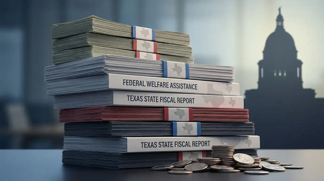 Stacks of cash and reports labeled 'Federal Welfare Assistance' and 'Texas State Fiscal Report' beside coins and a capitol silhouette.
