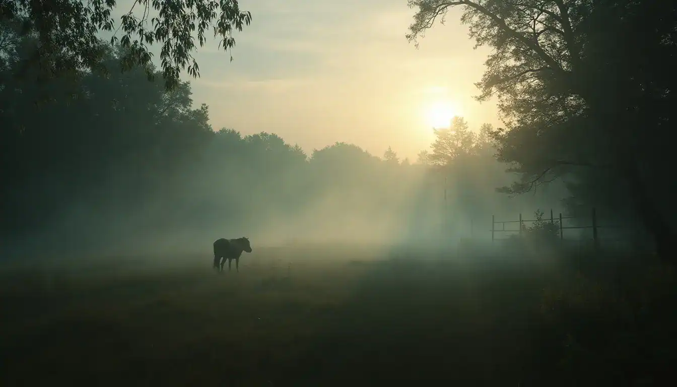 A lone horse standing in a misty pasture at sunrise, framed by trees and a wooden fence.