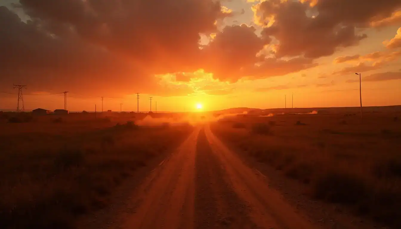 A dirt road stretching toward a blazing sunset over flat land, with power lines along the horizon.