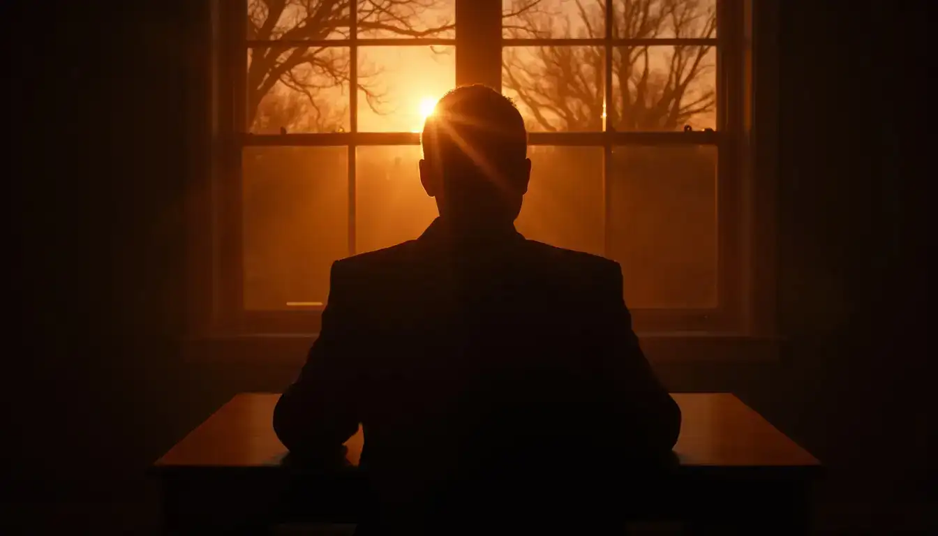 Silhouette of a man seated at a desk facing a window as the sun sets behind bare trees.