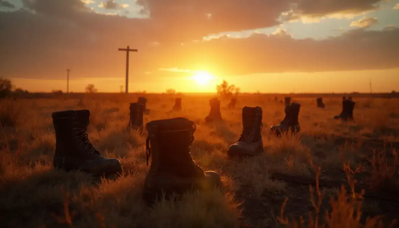 Rows of empty boots standing in a dry field at sunset, with a utility pole on the horizon.
