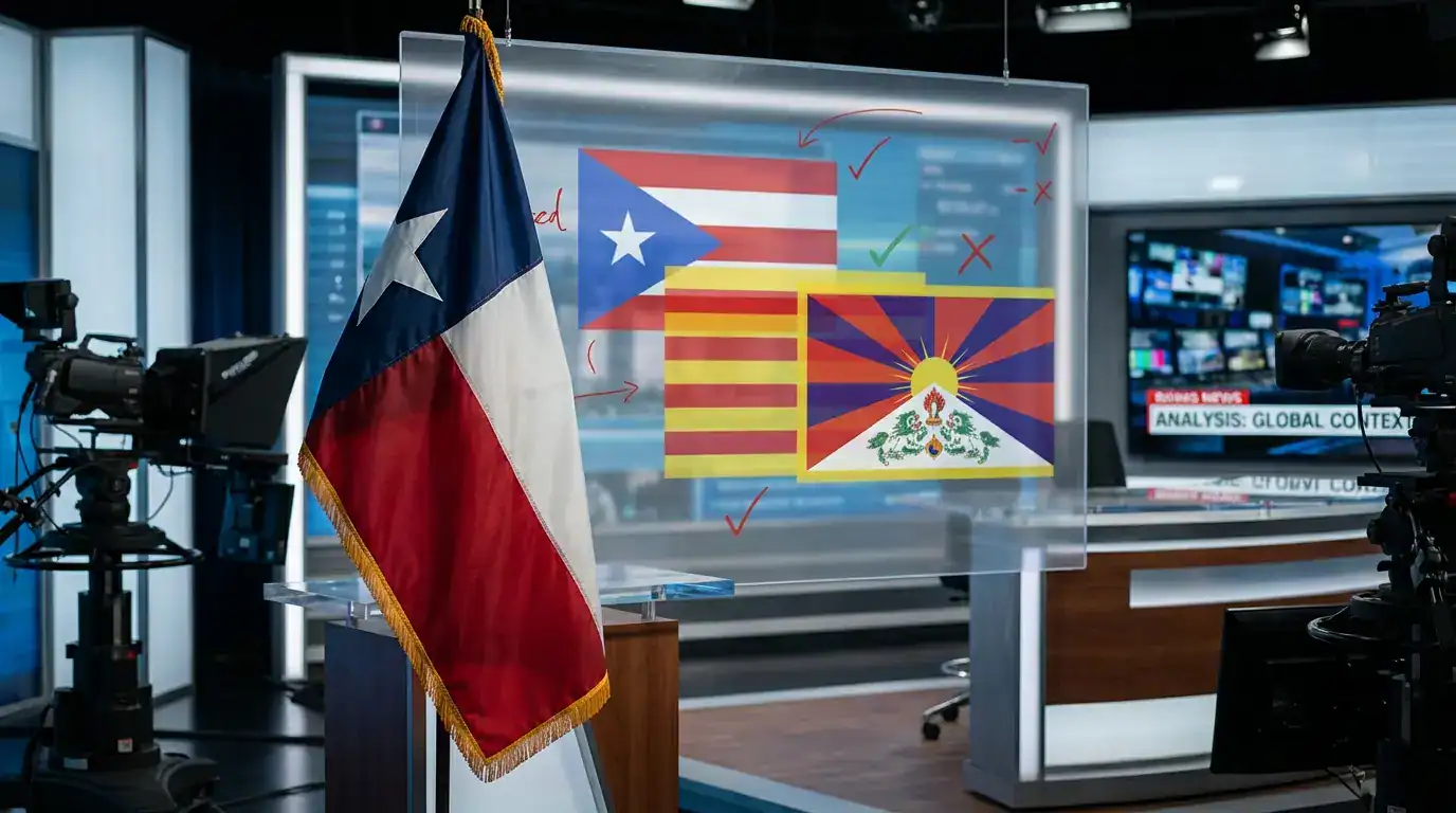 A Texas flag in a television newsroom beside a glass panel showing the flags of Puerto Rico, Catalonia, and Tibet.