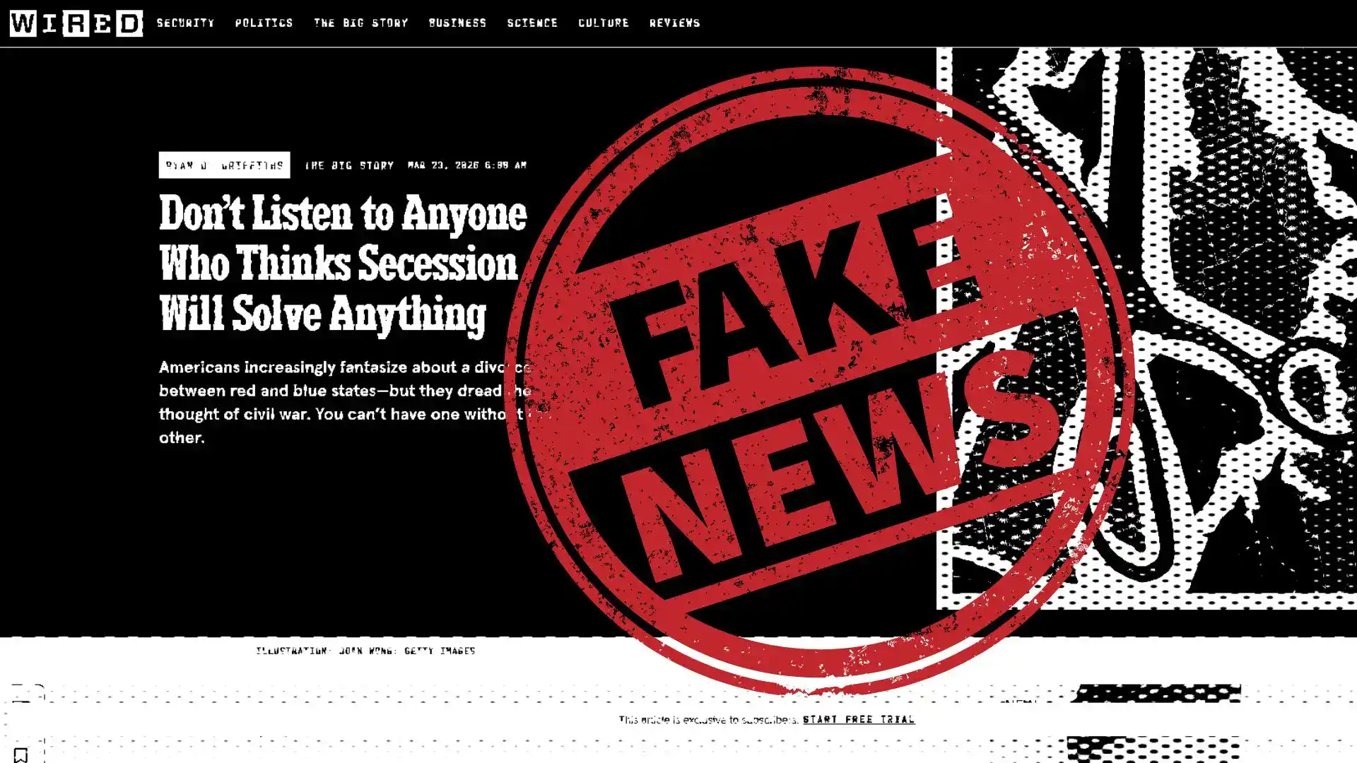 A screenshot of a WIRED article headline with a red Fake News stamp across it.