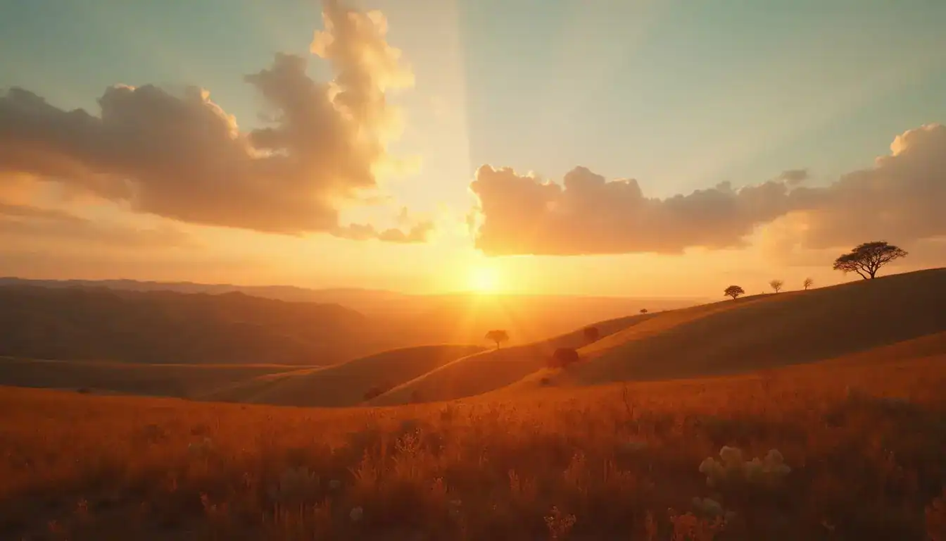 The sun sets over rolling grassy hills dotted with a few trees under glowing clouds.