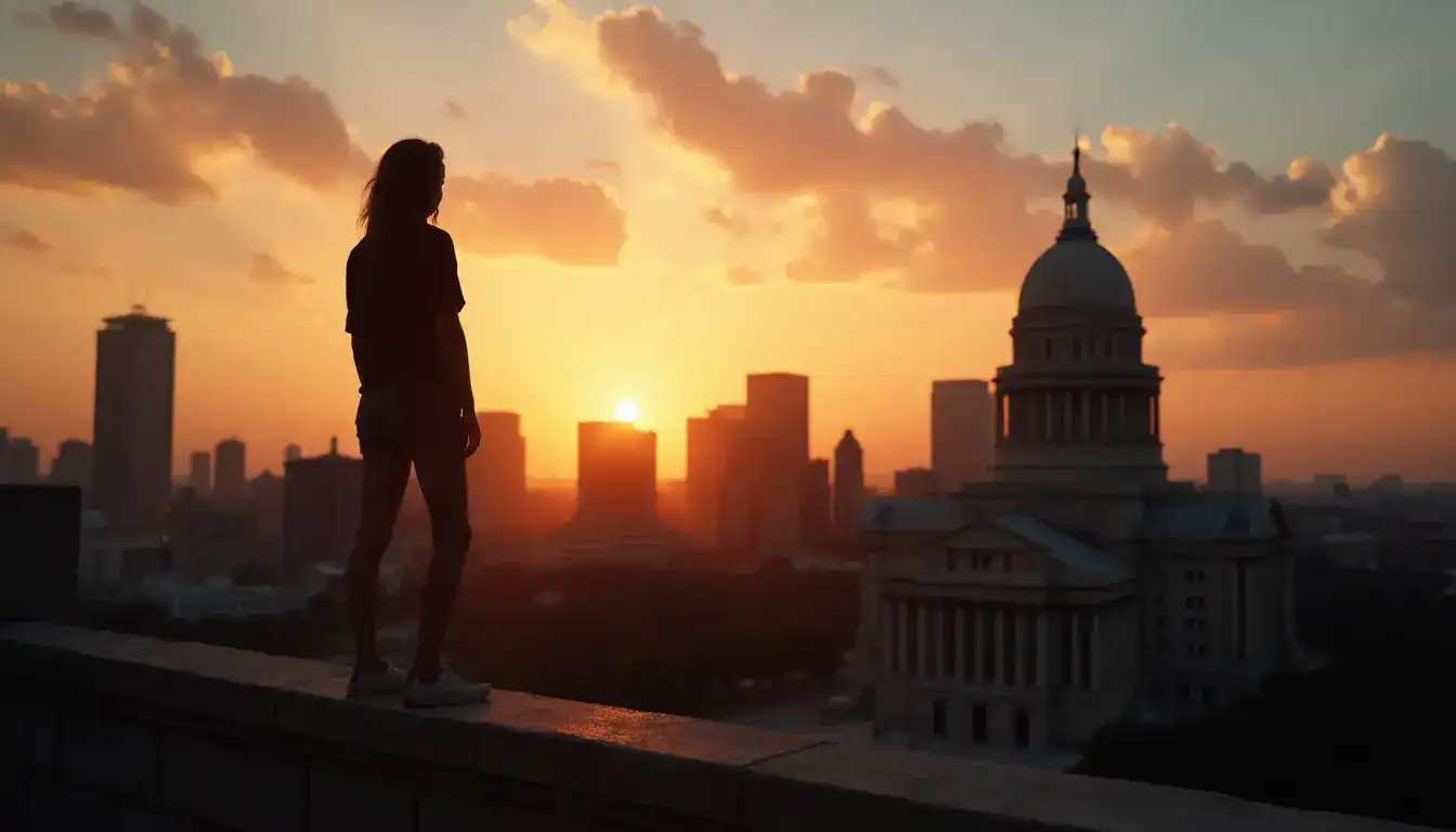 A person silhouetted on a rooftop ledge at sunset, looking toward a domed capitol building and city skyline.