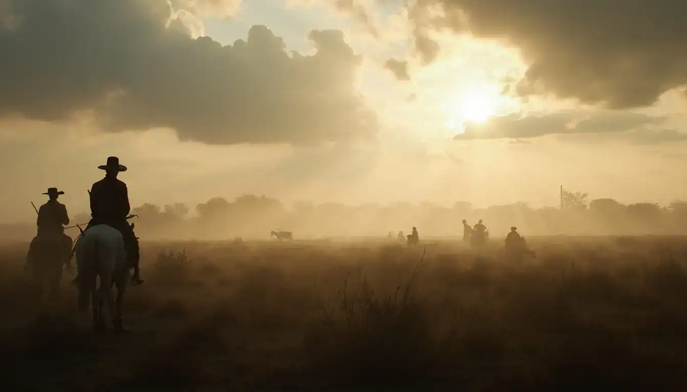 Silhouetted horsemen in wide-brimmed hats ride across a hazy prairie at sunset, with more riders in the distance.