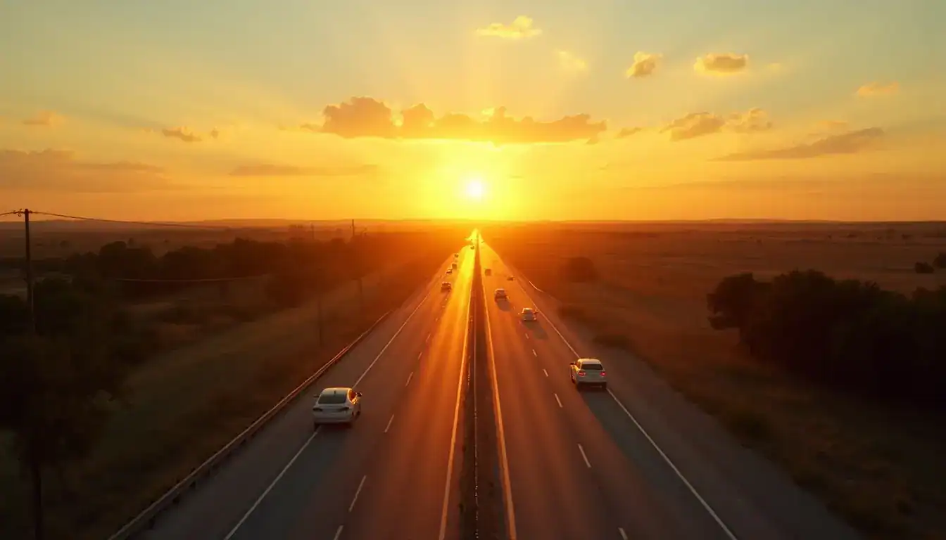 A divided highway with scattered cars running straight across flat country toward a setting sun.
